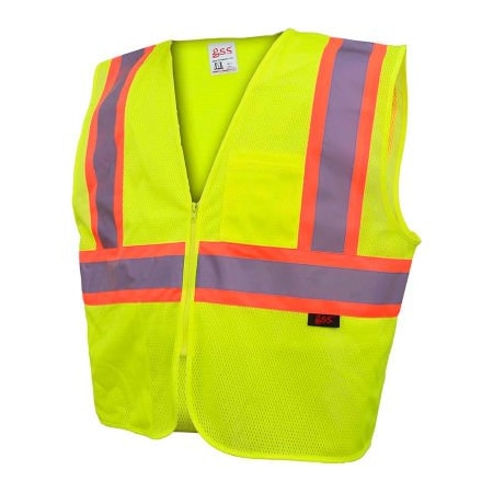 Gss Safety GSS Safety 1005 Standard Class 2 Two Tone Mesh Zipper Safety Vest, Lime, Large 1005-LG